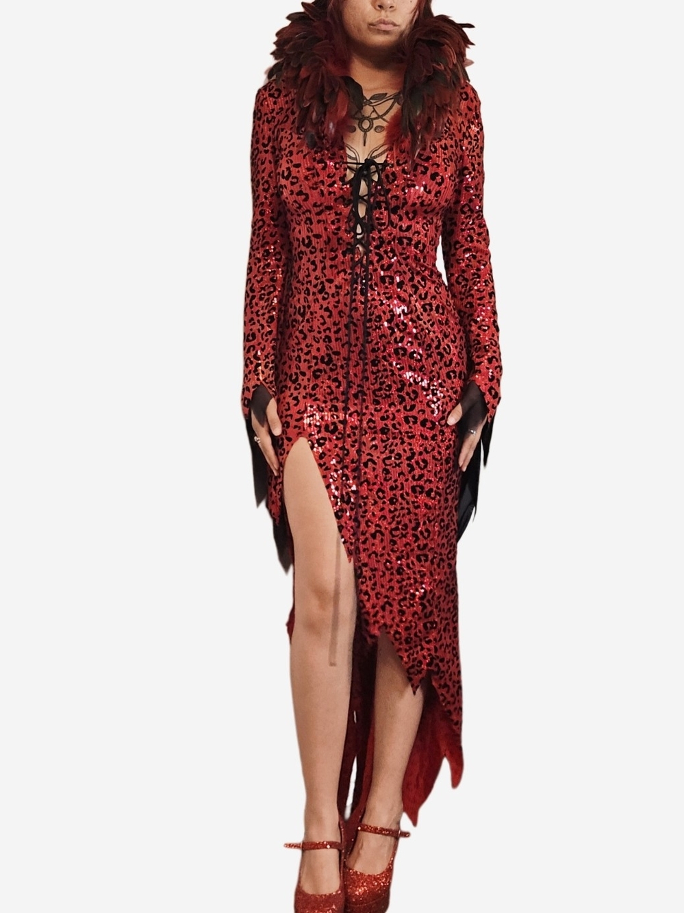Glam Red Sequin Leopard Lace-Up Asymmetric Dress! - Picture 10 of 12